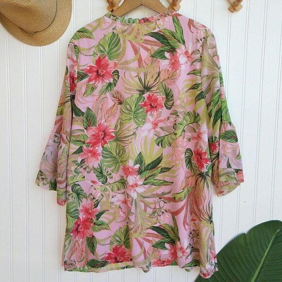 J Jill Pink Tropical Print Chiffon Tunic Top Size MP Hawaiian Tassels 3/4 Sleeve - Picture 9 of 11